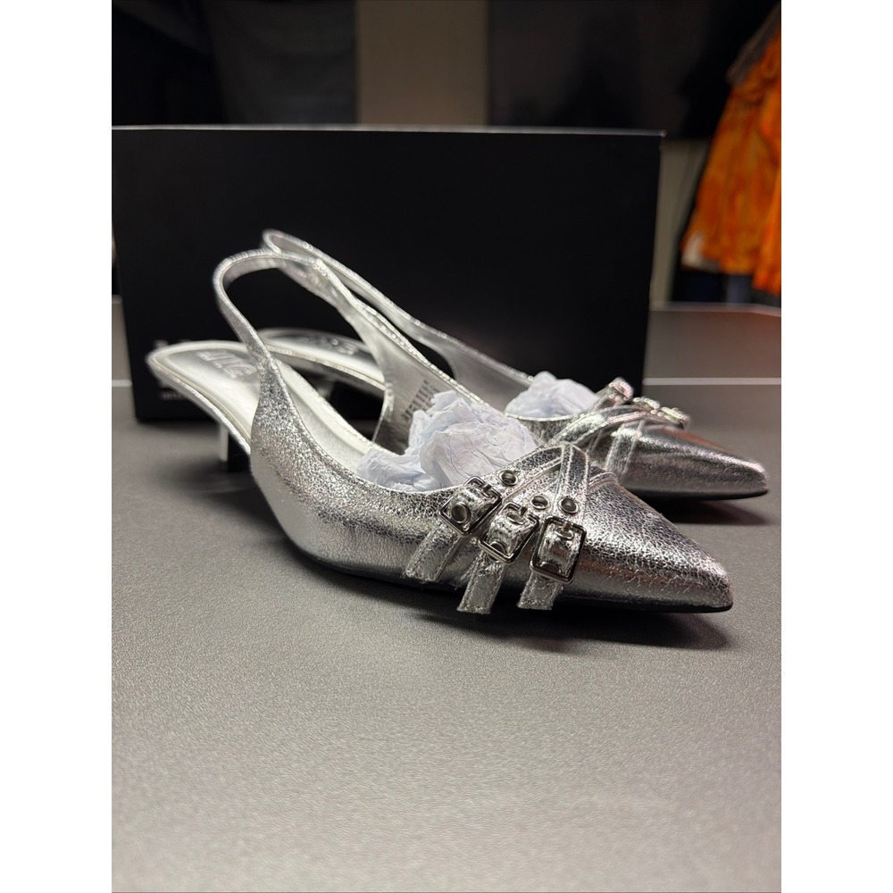 INC Silver Buckle Top Kitten Heel Slingback Pointed Toe Women's 8.5 NWB